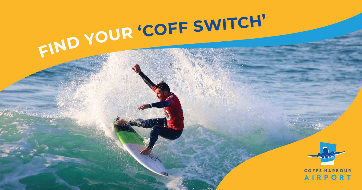 Coff Switch image of surfer with Coffs Harbour Airport branding.